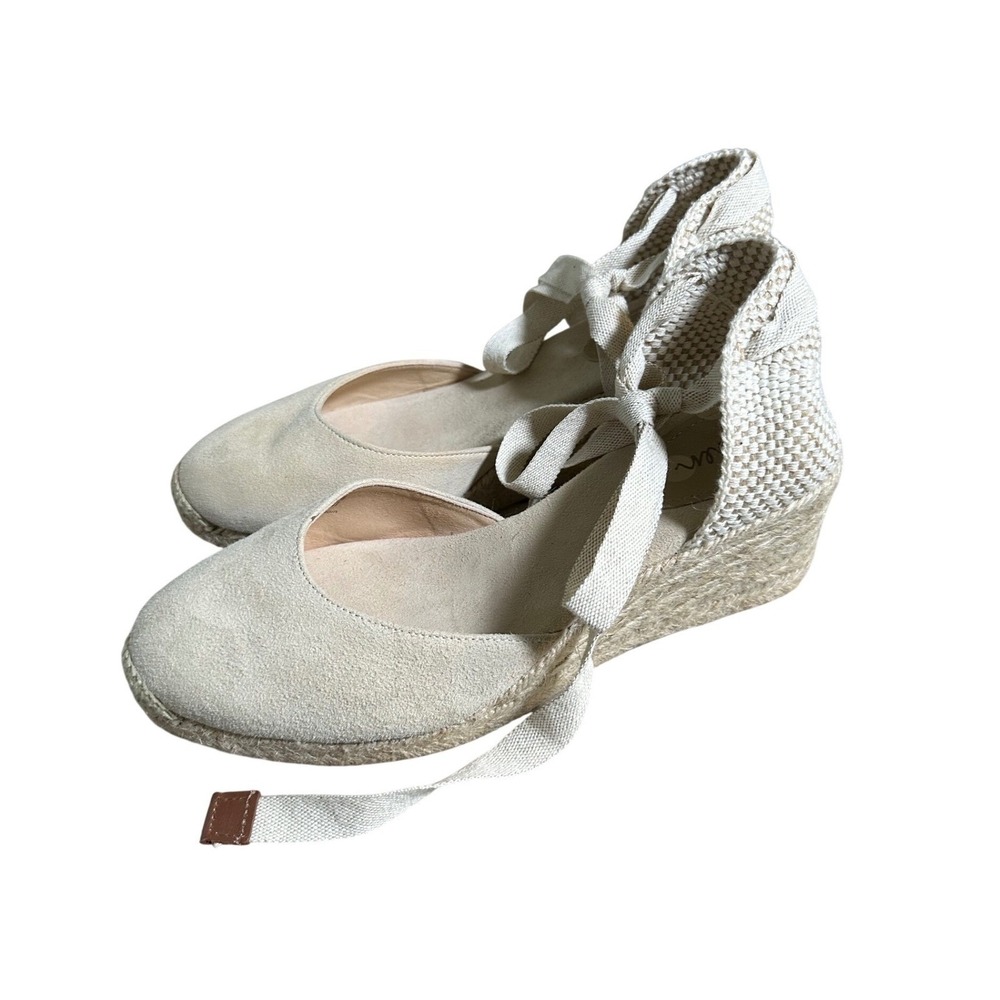 Boden Cassie Espadrille Wedge Sandals 40‎ Oatmeal Suede Lace Up Jute Heel - Picture 6 of 10